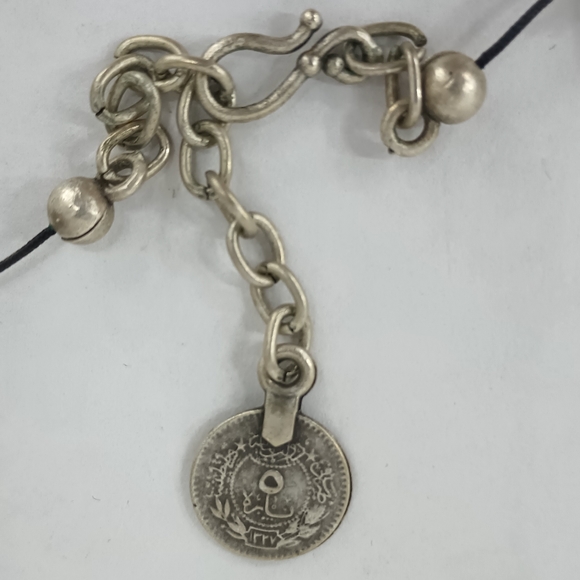 Black Silk with Pewter Tear Drop Long Statement Necklace - Picture 4 of 5